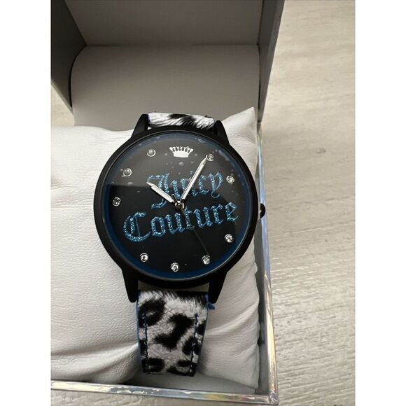 Juicy Couture Black Label NIB Black Blue w/Cheetah Wristwatch Watch - Picture 5 of 11